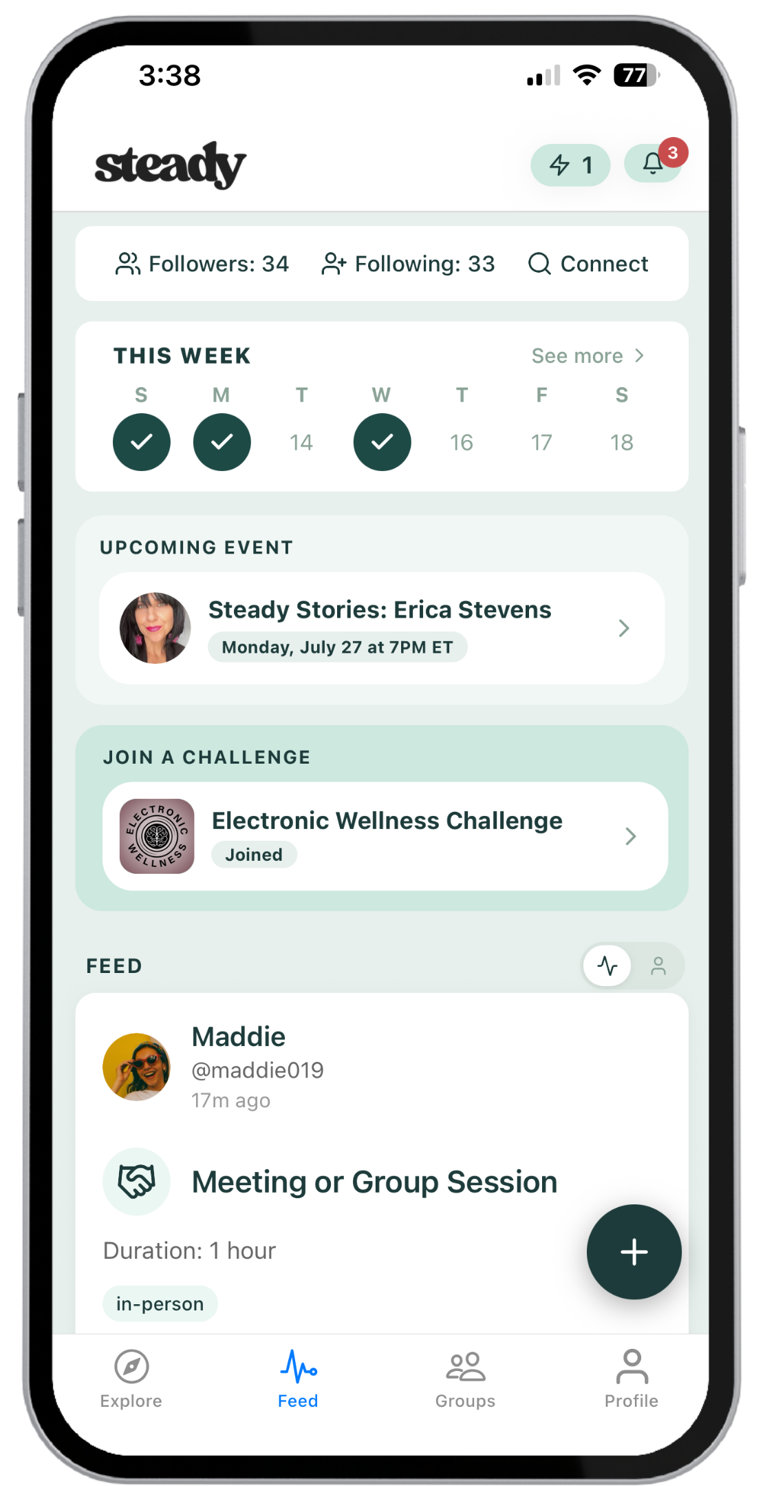 Goals, progress, and connection preview in the Steady app